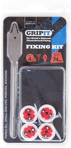 Gripit Red Shelf Kit - Pack of 4 - Heavy Duty Plasterboard Fixings for Drywall & Stud Walls, Holds Up to 74kg - Ideal for Shelves, Mirrors, Speakers & Shower Units - Easy Install & UK Designed