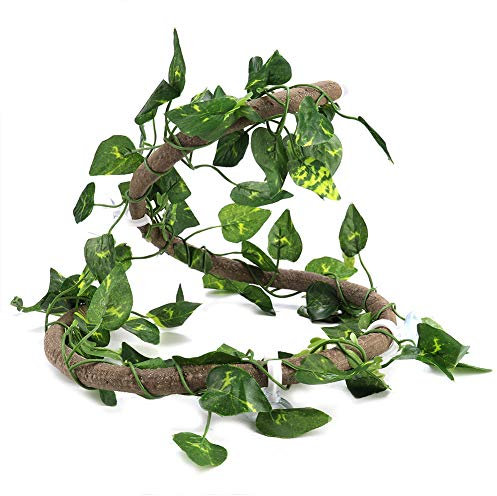HEEPDD Vignes de Reptiles, Branche d'escalade de Reptiles Artificielle avec ventouses en rotin Flexible avec décor de vignes de 6,89 Pieds de Long pour Serpents(3.28ft Rotin + Scindapsus Feuilles)
