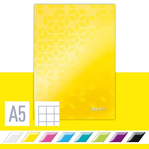 Leitz WOW Notizbuch A5 kariert, Hardcover, 160 Seiten, 80 Blatt FSC-zertifiziertes Papier 80 g/m², Hochwertiger laminierter Einband, Fadenheftung, Für Büro, Schule oder als Tagebuch, Gelb, 46281016