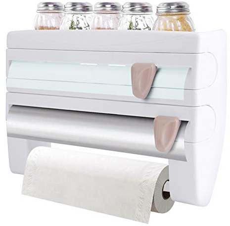 Portarotolo da parete, triplo distributore di taglio, portarotolo con lame affilate, taglia-pellicola con ripiano per totale di 3 rotoli, cucina, bagno 39 x 10 x 24 cm(bianca)