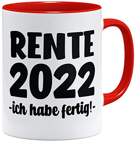 OM3® Kaffee-Tasse mit Spruch - Rente 2026 - Ich habe fertig! - Keramik Becher - 325ml - Beidseitig Bedruckt - Rot