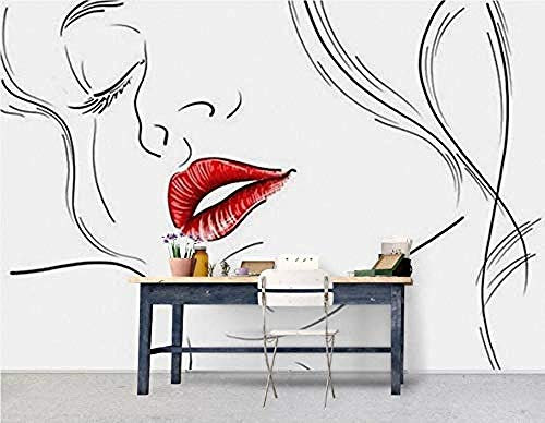 Black and White Line Drawing of Beautiful Woman with Red Lips Wallpapers Wall Murals Wall Wallpaper Decoration 3D Wallpaper Paste Living Room The Wall for Bedroom Mural-350cm×256cm