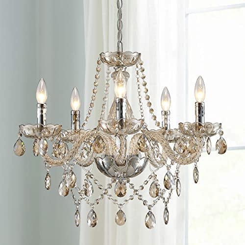 Saint Mossi - Lámpara de araña de cristal coñac con 5 luces, moderna lámpara de araña K9 de cristal para salón, dormitorio, altura 53 cm x diámetro 53 cm, con cadena ajustable