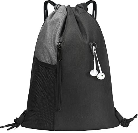 flintronic Turnbeutel Mit Reißverschluß Innentasche, Sportbeutel Gym Bag Rucksack Beutel Mit Loch für Kopfhörer für Herren & Damen, Sporttasche für Fitness & Freizeit Reiseschule- Grau
