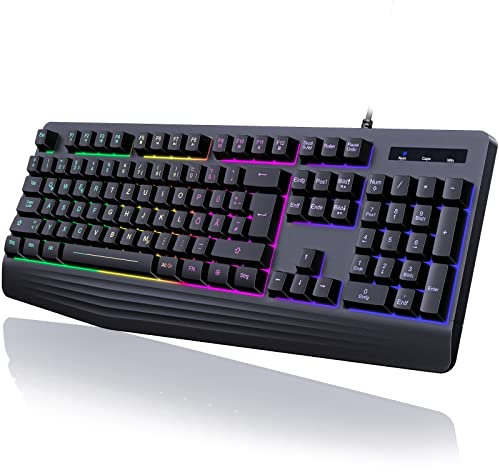 Gaming Tastatur PC, PS4 Tastatur USB, Regenbogen Beleuchtete Tastatur LED, Langlebig, Ergonomisch, Wasserdicht, Leise Tasten, Gaming Keyboard ideal für PC Mac Xbox PS4 Gamer|Büro(Deutsches Layout)