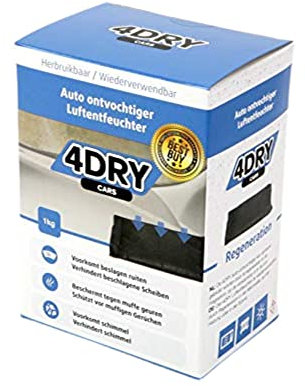 4Dry Autoentfeuchter 1 Kg - Feuchtigkeit Auto - Auto Trocken - Gegen Beschlagene Autoscheiben - Entfeuchter Auto - Luftentfeuchter Ohne Strom - Autotrockner - Feuchtigkeit im Auto Los werden, 1 Stück
