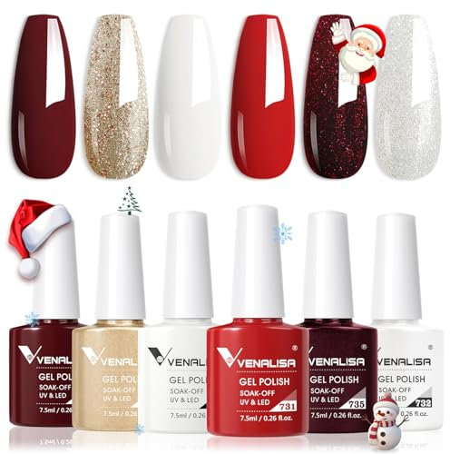 VENALISA Nude Gel Nail Polish Set 6 colors gold glitter white sliver dark red burgundy All Season Soak off Nail Lamp 7.5ml for Starter Manicure Nail Art Salon