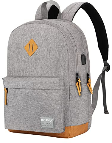 SUPACOOL Lightweight Casual Laptop Backpack with USB Charging Port For for Men and Women, Backpack for College,Light Grey and Brown