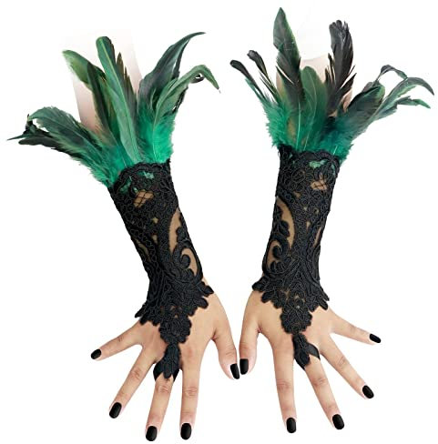 CAMDOM Steampunk Federmanschette Handschuhe pfau kostüm fascinator Vintage Spitze fingerlose Armkette,pfauenfeder grün, One size