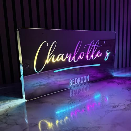 Personalised Name Mirror Sign | Gift For Kids | Custom LED illuminated Light-Up Bedroom Sign