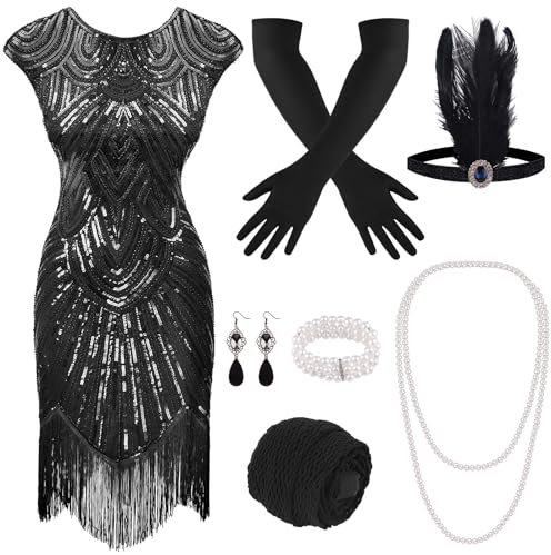 PLULON 1920er Pailletten-Perlen-Fransen-Flapper-Kleid mit 20er-Accessoires-Set (Schwarz)