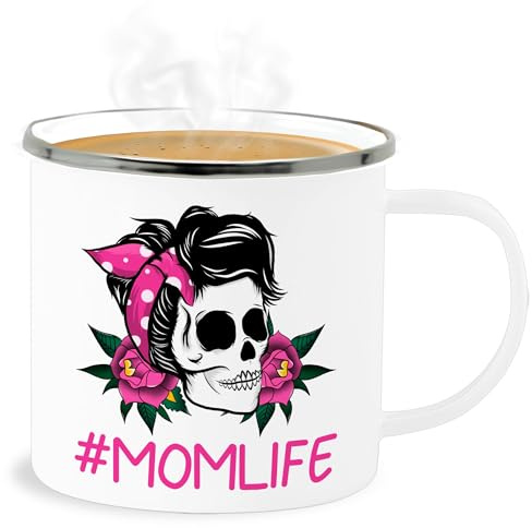 Emaille Becher Blechbecher - Mama - Tassen - Momlife Rockabilly Totenkopf - 300 ml - Weiß Silber - mum skull mütter mom life muttertag muttertagsgeschenke mami muddi mutter mutti
