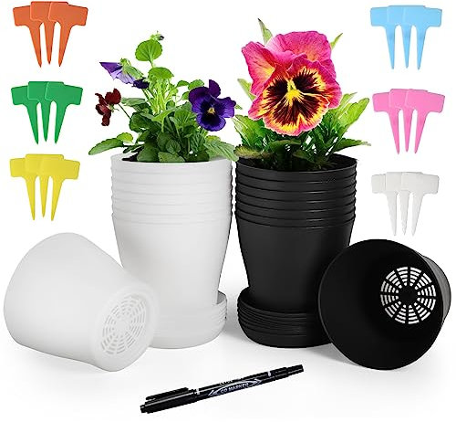 Happybase Blumentöpfe, 16 Stück 5.5 Inch Kunststoff-Pflanzgefäße Mit Untertassen Und Etiketten für Innen- Und Außenpflanzen, Gartenarbeit (Schwarz + Weiß)