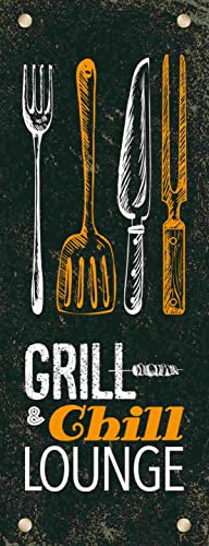 Ontrada Blechschild gewölbt 27x10cm Grill & Chill Lounge Grillen Deko Geschenk Schild