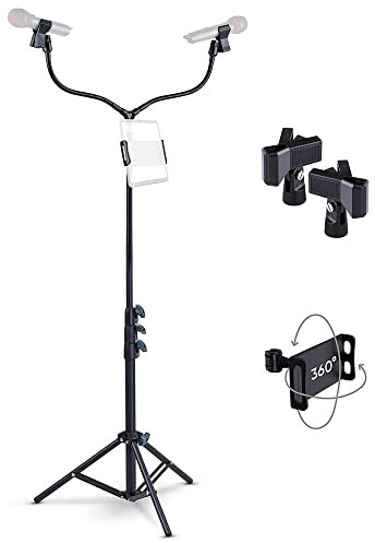 MASINGO Double Microphone Stand for Duet Singing, Adjustable from 2.4ft to 6ft Inches High, Tripod Dual Mic Stands with 2 Bendable Arms, Phone and Tablet Holder, for Karaoke, Studio, Party, Stage, DJ