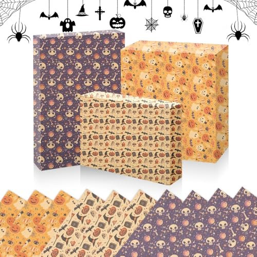 Udbrud Halloween Geschenkpapier Set, 10 Bögen Recycling Kraft Geschenkpapier Geschenkpapier Totenkopf Geschenkpapier Kürbis und Geister für DIY Craft,Party,Alle Halloween Gelegenheiten (70 x 50cm)