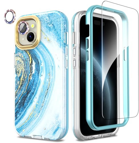 SHEDEER for iPhone 15 Case with Screen Protector + Bumper & Camera Protector, TPU Shockproof 360° Protection, iPhone 15 Cases Glossy Fade-Resistant Pattern Phone Case 15, Blue