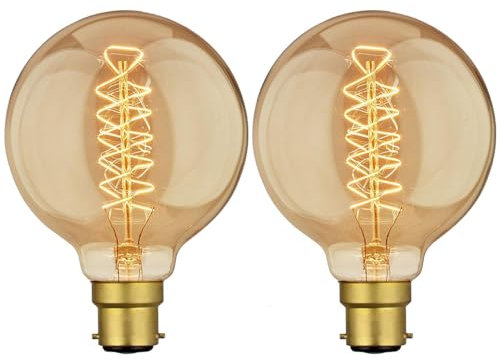 Sunnylinn Vintage Edison Bulb Bayonet Dimmable, B22 Amber Light Bulb Warm White 2600K, G80 Globe Vintage Spiral Light Bulbs Bayonet Cap Fitting AC 230V, BC Filament Light Bulb, 2-Pack.