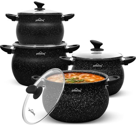 Homelux Topfset Induktion 8-teilig, 4+6+8+10L Kochtopf Set mit Glasdeckel, Induktions Töpfe Set Antihaftbeschichtung, Spülmaschinenfest