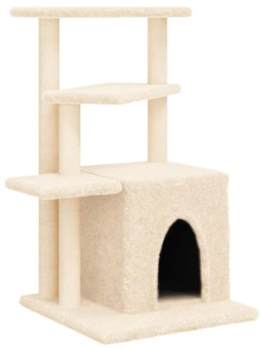 vidaXL Cream-Coloured Cat Tree with House, Platforms and Natural Sisal Scratching Posts, Plush Tower Climber for Cats to Rest, Play, and Exercise