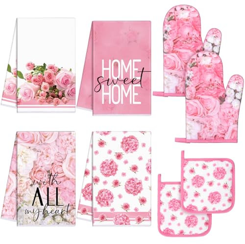 Leinuosen 8-teiliges Set mit rosa Rosen, Küchentücher und Geschirrtücher, Ofenhandschuhe und Topflappen, saugfähige Küchenhandschuhe, Topflappen, hitzebeständig, für Koch, Backen, Kochen