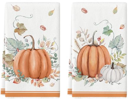 Artoid Mode Lot de 2 torchons de cuisine aquarelle orange citrouilles feuilles automne 42 x 65 cm décoration saisonnière serviettes en polyester