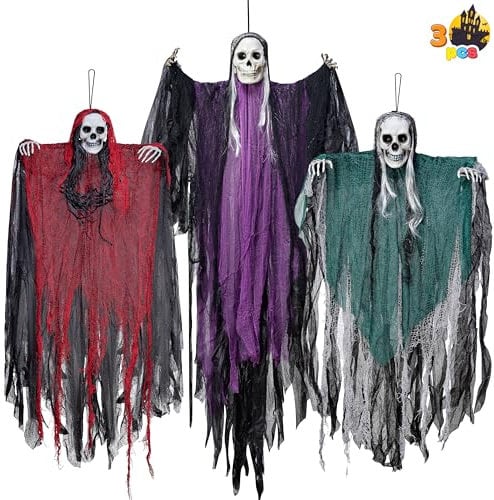 JOYIN 3 Stück Halloween-Skelett-Sensenmann-Dekoration zum Aufhängen, EIN 134 cm großes Halloween-Skelett, Zwei 80 cm große Geister für Spukhaus-Requisite, Garten Dekoration