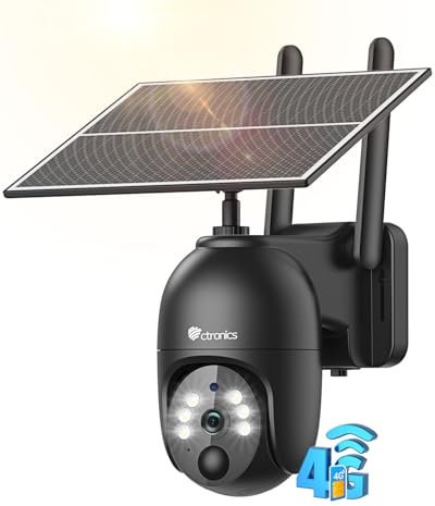 Ctronics 2K 4G LTE Camara Vigilancia Exterior Solar, PTZ IP Cámara Vigilancia Sim Sin Cables, 10400mAh Batería, PC/Cloud/FTP, Visión Nocturna Color, Detección Movimiento PIR (Negro)
