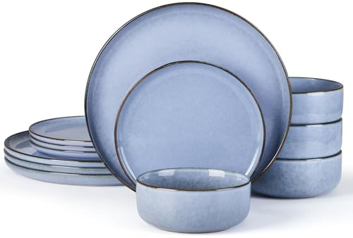 E-far 12-Piece Reactive Glaze Dinnerware Sets, Dishes Set for 4, Stoneware Plates and Bowls Dinning Ware, Microwave & Dishwasher Safe - Ocean Blue