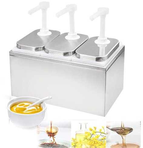 JOSBY 6-Liter-Soßenspenderpumpe, mit 3 2,1-Liter-Gläsern, um 360° drehbarer Druckkopf, Gewürzpumpenstation aus Edelstahl, Gewürzpumpenspender, für Küche, Milchteeladen