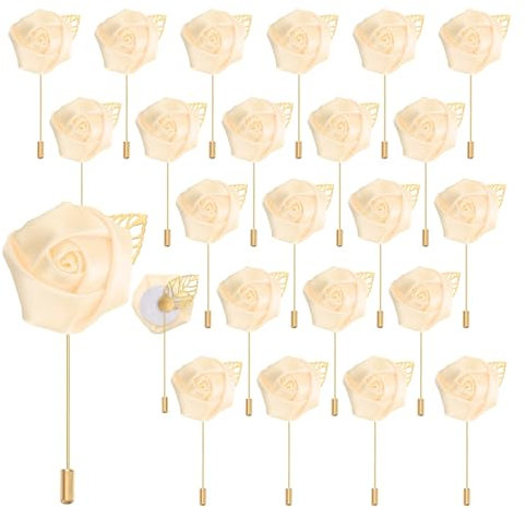QUARKZMAN 24Pcs Épinglette Boutonnière en Fleur de Rose Jaune Clair Broches de Boutonnières de Poche pour Cérémonie de Mariage Anniversaire Bal de Promo Dîner Formel Décoration de Costume
