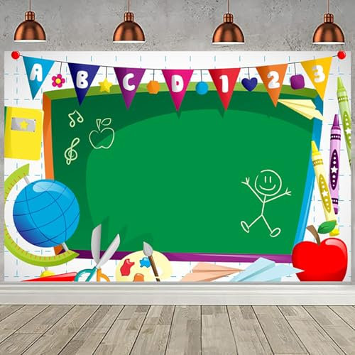 Hnmdmyi 1.8x1.2m Fotohintergrund Zurück zur Schule Willkommen im Kindergarten ABC Buchstaben Blackboard Aquarell Stift Papier Flugzeug Globus Fotografie Hintergrund Klassenzimmer Party Dekorationen