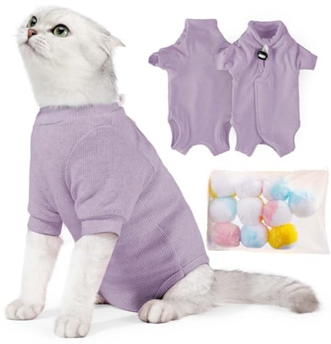 SUYUKU Katzen Genesungsanzug Anti Leck Kätzchen Body für Alternative elisabethanische Kragen Katzen Einteiler Operationsbody Warm Pyjama Kleidung Weicher Bequemer Pullover (Violett, L)