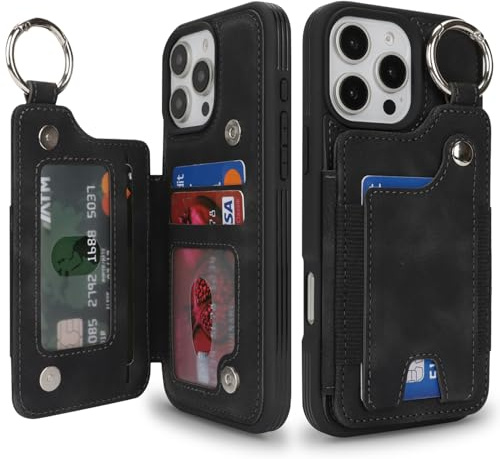 SailorTech Case for iPhone 16 Pro Max Phone Case with Keychain Ring Credit Card Holder for Women, iPhone 16 Pro Max Leather Case Wallet with Kickstand Card Slots Fashionable Case for Men - Black