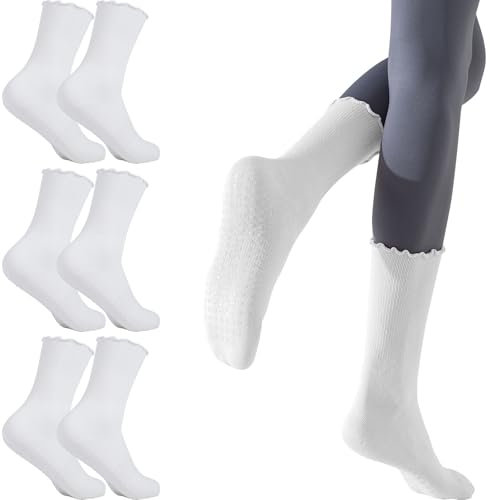 Risipu 3 Paar Pilates Socken mit Griffen Anti-Rutsch-Kräuselung Yoga Socken Grip Socken für Ballett Tanz Barfuß (DE/NL/SE/PL, Alphanumerisch, Einheitsgröße, Regular, Regular, 3 Paare - Weiß)