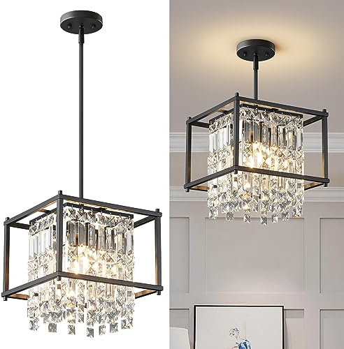 ZPBSJ Moderne Küche Beleuchtung Industrielle Bauernhaus Pendelleuchte Schwarzes Metall Kristall Pendelleuchte Verwendet für Flur Eingang Schlafzimmer Balkon Kücheninsel(Quadrat 1-Licht)