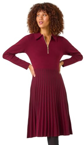 Roman Originals Zip Detail Knitted Dress for Women UK - Ladies Everyday Autumn Winter Round Neckline Comfy Soft Evening Vacation Work Party Night Out - Wine - Size 20