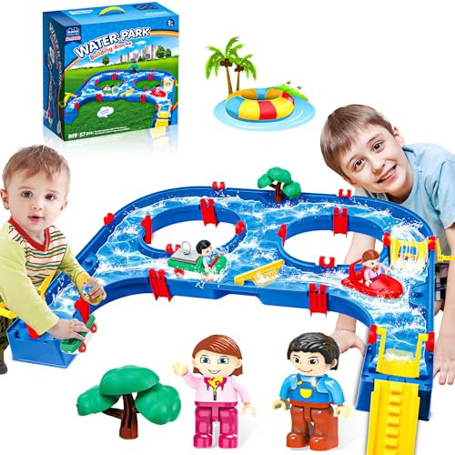 SANCO Wassertisch für Kleinkinder – Wasserbahn-Spielset für Kinder, 57-teilig, DIY-Tisch-Strandspielzeug auf Hinterhof, Rasen, Pool – Wasserspielzeug mit 4 Booten, Sommer-Outdoor-Aktivitätsbrunnen für