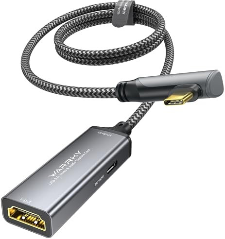 WARRKY Tarjeta de captura de video con suministro de energía de 100 W y USB-C en ángulo recto | 1080P 60Hz HD | Tarjeta de captura de transmisión diseñada para Quest 3 / iPad, compatible con Switch