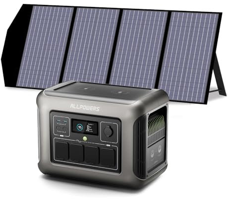 ALLPOWERS Centrale elettrica portatile R1500 1152Wh 1800W Con 140W Pannello Solare, LiFePO4 Batteria Backup Espandibile, 43dB UPS Generatore Solare per Campeggio, Festa, RV, Uso Casa, 0-80% in 40 Min