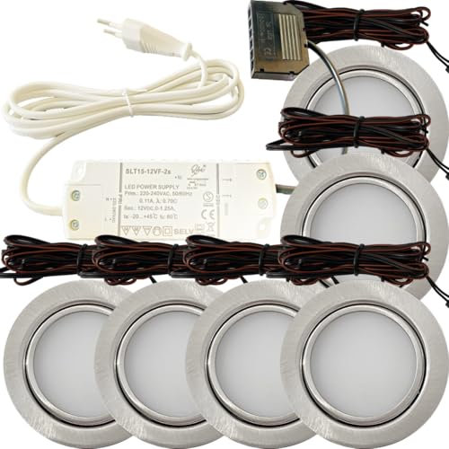 Lichtfaktor24 6er Set LED Möbel Einbauleuchten Edelstahl Gebürstet superflach 3W warmweiß 3000K 180lm 12V mit 15W LED Trafo 230V Zuleitung. LED Spots für das Wohnzimmer, Küche oder Bad.