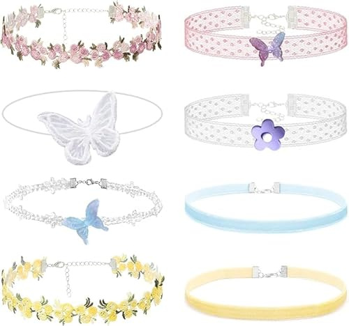 8 Stück Choker Set Damen, Blumen Halskette Spitzen Samt Kropfband, Verstellbar Halsband, Halsketten für Frauen und Mädchen (C)