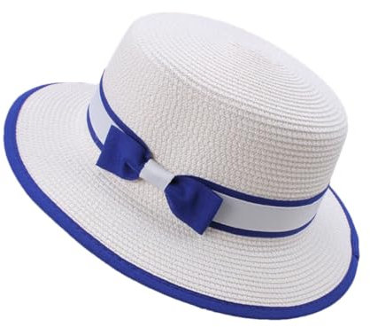 Bqxxdeo Sombreros de paja con lazo para mujer, sombrero de verano para playa, sombrero plano, blanco, Talla única