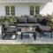 Merax Gartenmöbel-Set – 4-5 Sitzer Outdoor-Lounge-Set mit Ecksofa, verzinktem Eisengestell & gehärtetem Glastisch, wetterfest, inkl. Sitz- & Rückenkissen, verstellbare Beine, grau