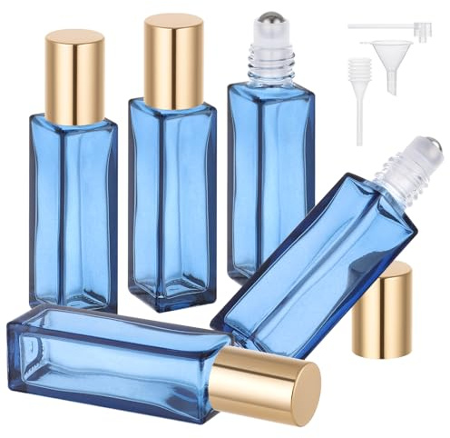 Segbeauty Duft Roll on, 5 Stück 10ml Roll on Glasflaschen für Ätherisches Öl, Nachfüllbare und Tragbar, mit Trichter, Pipetten, Pumpenkopf, für (Dunkelblau)