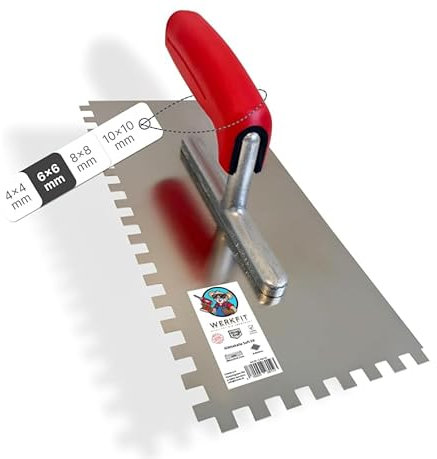 WERKFIT Profi Zahnkelle aus Edelstahl 3 mm - Glättekelle gezahnt Rostfrei - Zahnspachtel mit Softgriff - Traufel Hergestellt in Österreich 280x130mm (3x3mm)
