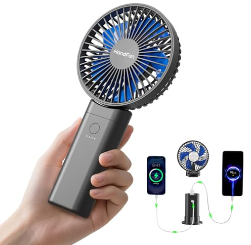 HandFan 10,000 mAh Quiet Handheld Fan - 4.5 Inch Large Hand Held Fans Reahargeable, Portable Fan [30 Working Hours] with Charging Function, Lanyard, Base for Travel/Concerts/Lash/Office