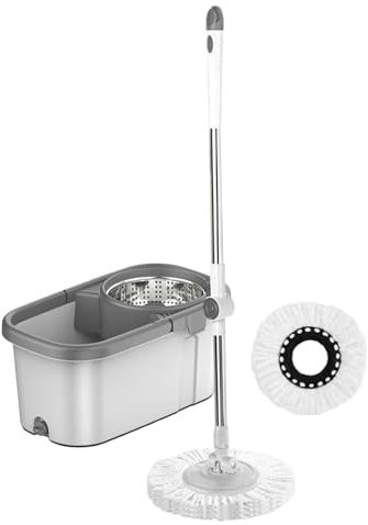 Juego de cubo de fregona, fregona giratoria para piso, escurridor de manos fácil y resistente, herramienta de limpieza del hogar con 2 cabezales de repuesto para cocina, baño, sala de estar y