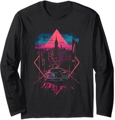 City Skyline with 1980s 1990s Retro Car Retrowave Aesthetic Long Sleeve T-Shirt