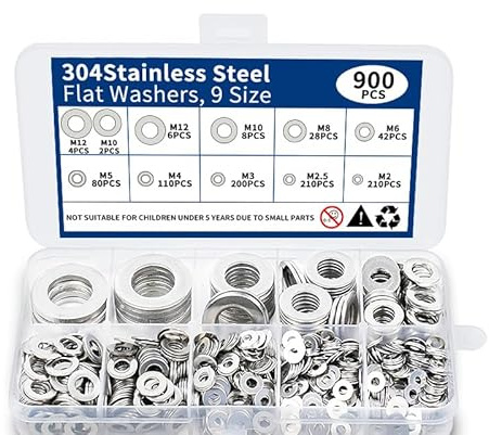 Washers 900 PCS, Flat Penny Washers, Stainless Steel Washer for Screws & Bolts with 10 Sizes M2 M2.5 M3 M4 M5 M6 M8 M10 M12, Flat Metal Washer Assorted